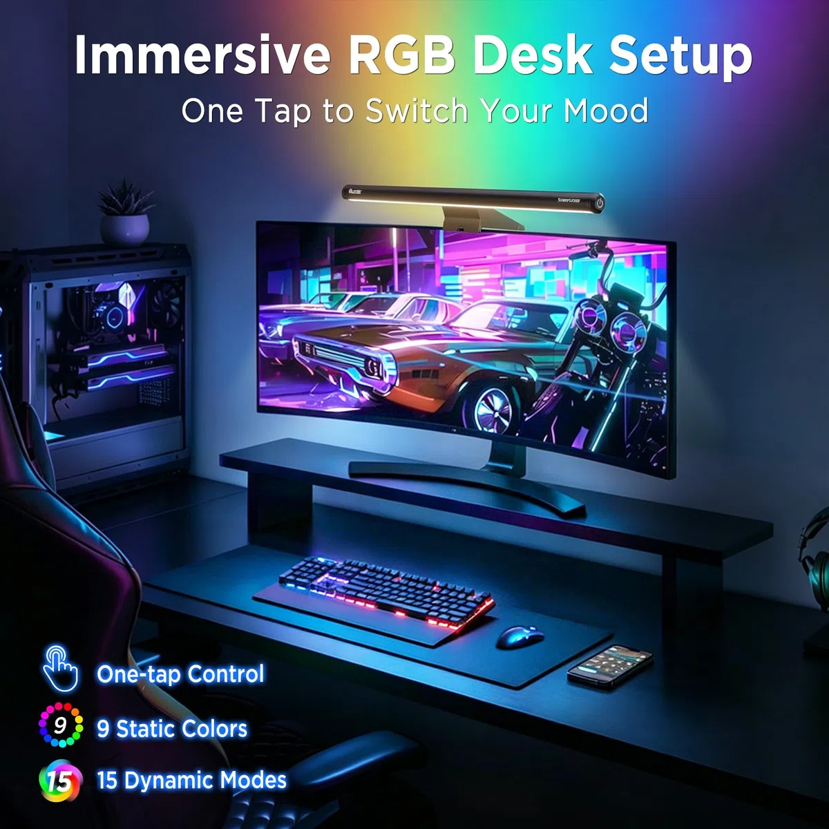 Quntis Computer Monitor Lampe mit Gaming Deko RGB Hintergrundbeleuchtung, 40cm Monitor Light Bar mit Touch Control, Anti-blaues Licht, USB Bildschirmlampe mit einstellbarer Farbtemperatur Helligkeit