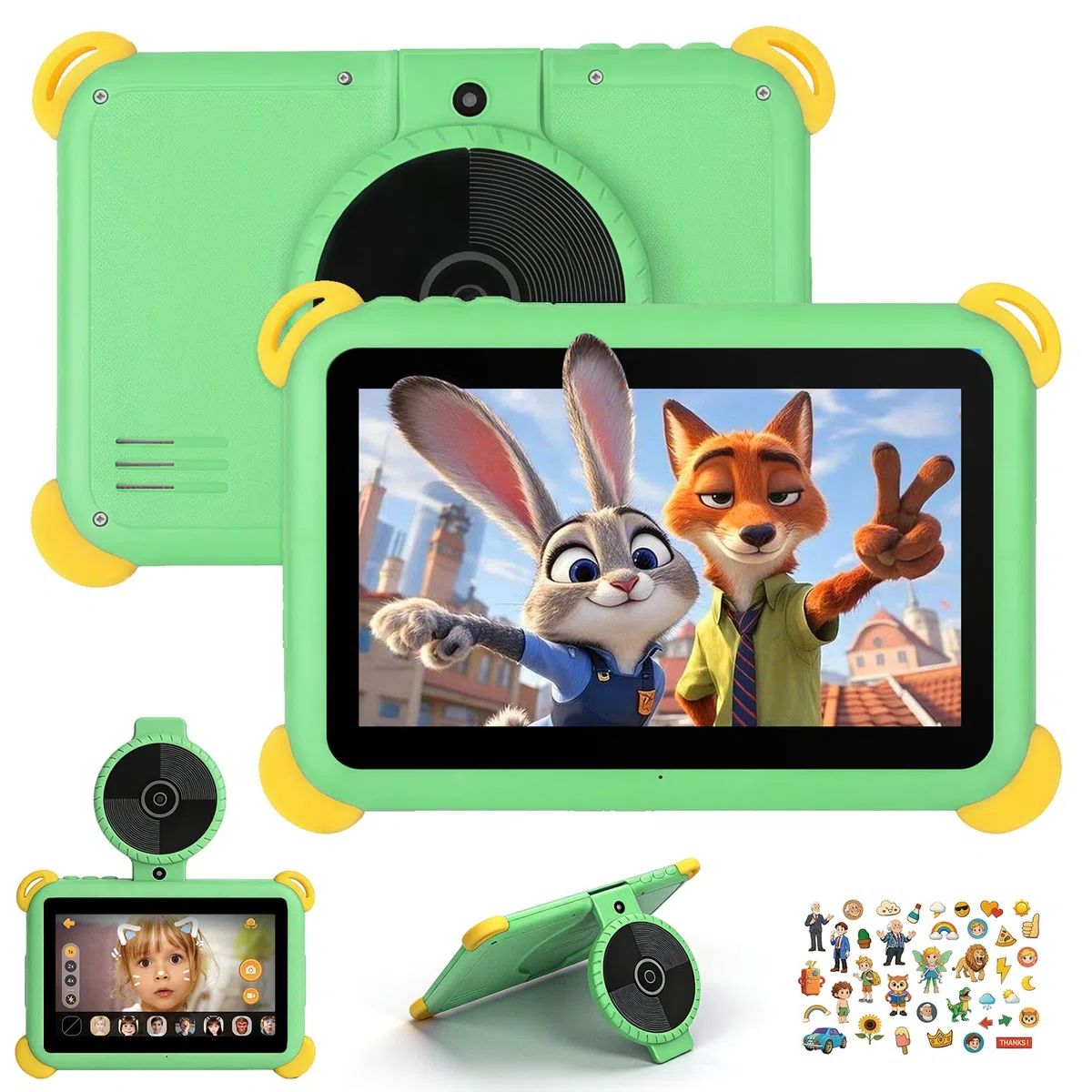 Kinder Tablet 7 Zoll Android 15, 20GB RAM 64GB ROM (1TB Erweiterbar), Penta-Core, WiFi 6, BT5.4, Widevine L1, KI Kamera&Lernfunktionen, Elternkontrolle, Kids Tablet mit Eva Hülle & OTG, Grün