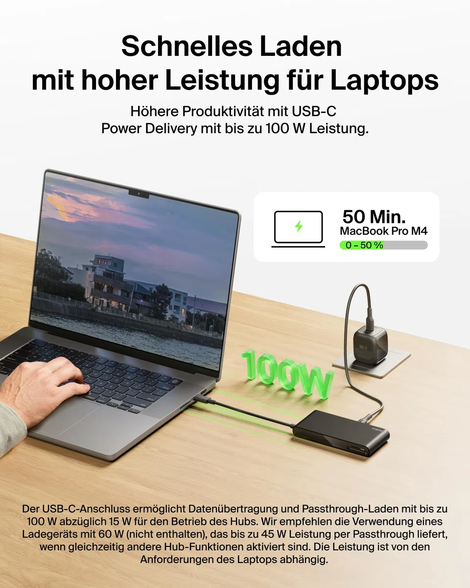 Belkin Connect 8-in-1 USB C Hub, Bildschirmauflösungen bis zu 4K bei 60 Hz – geeignet für Mac-, Windows- und Chromebook-Laptops; 100 W PD; Datentransfer mit 10 Gbit/s; 2,5-Gbit/s Ethernet – Schwarz