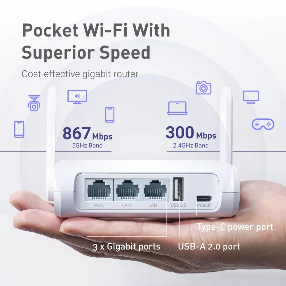 GL.iNet GL-SFT1200 (Opal) Mobile Reise-Router, AC1200 WiFi Router, VPN Mobiler WLAN Router Mobil, Pocket WiFi, 3X Gigacube Port, Travel WLAN Access Point for Glasfaser Modem, Openwrt/Wireguard/Home