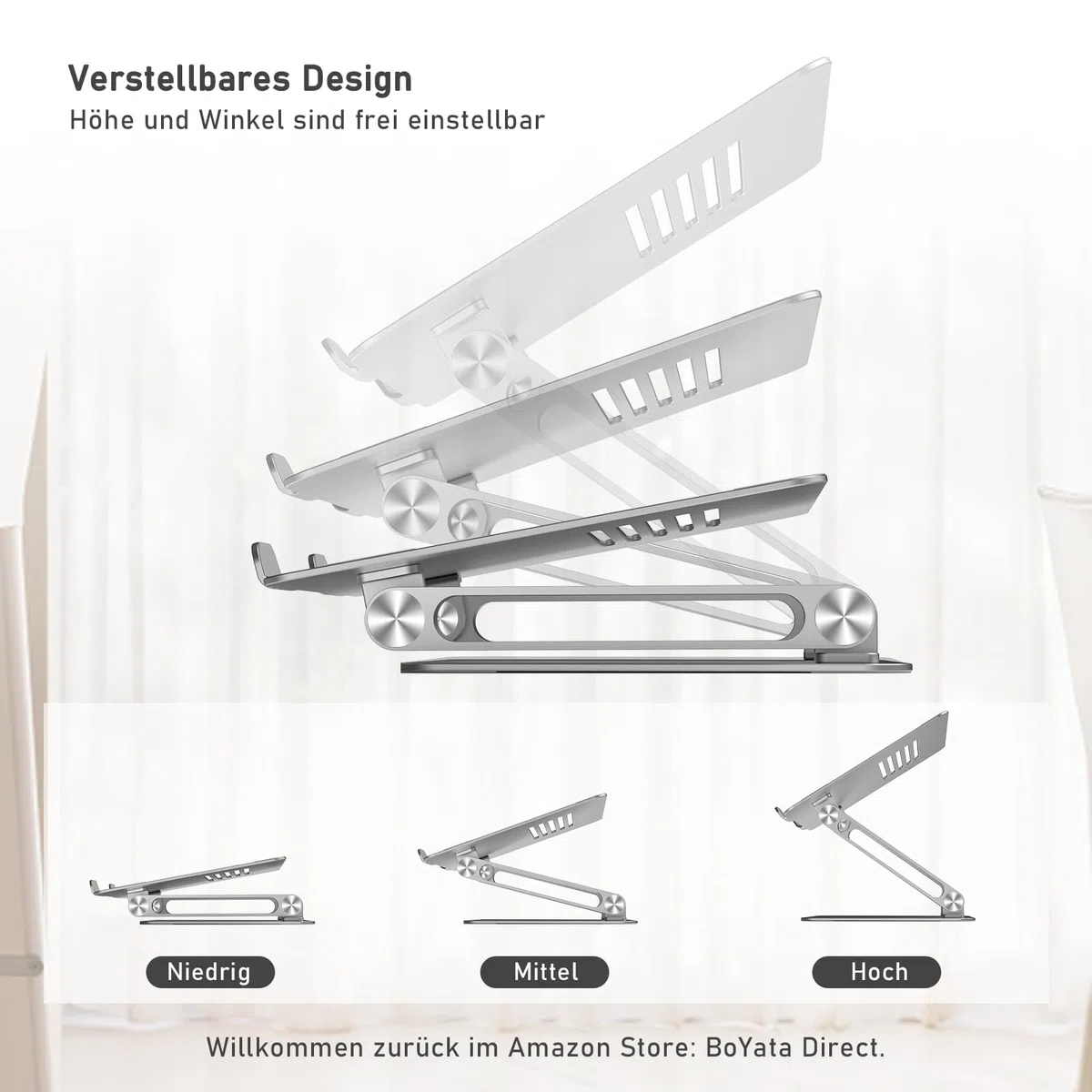 BoYata Laptopständer, Multi-Angle Laptop Ständer mit Heat-Vent, Verstellbarer Notebook Ständer Kompatibel für Laptops (10-15 Zoll) einschließlich MacBook Pro/Air, Dell, HP, Samsung (Silber)