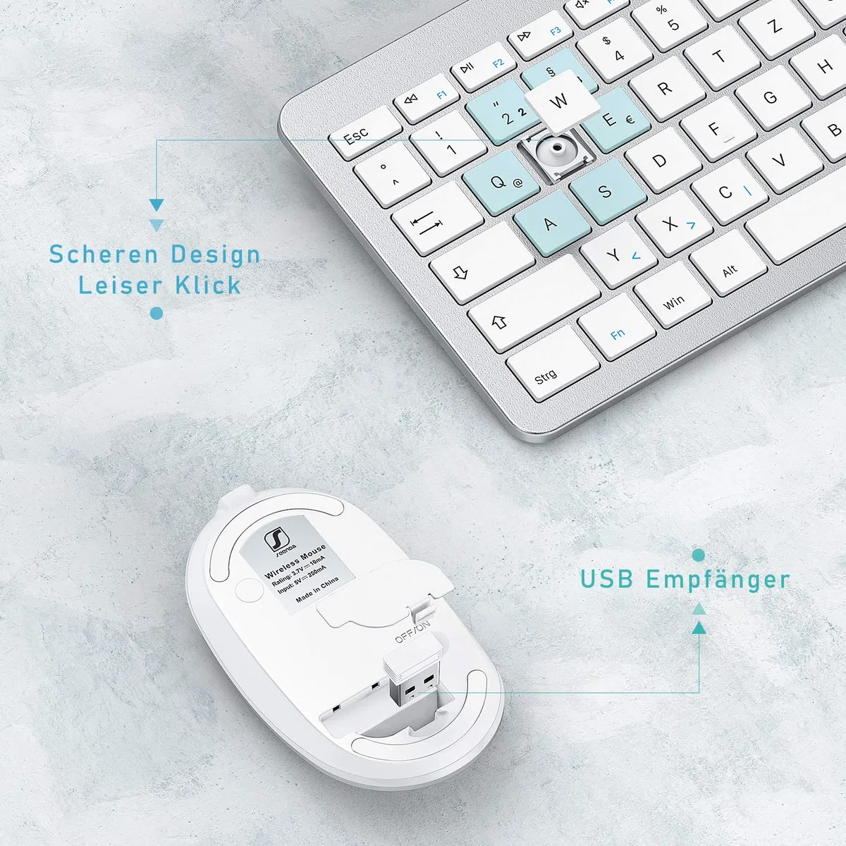 Tastatur Maus Set Kabellos, seenda SK38-3 Ultra-Dünne Wiederaufladbare Funktastatur, Ergonomische Keyboard Mouse mit Silikon Staubschutz für PC/Laptop/Smart TV, QWERTZ Layout (Weiß und Silber)