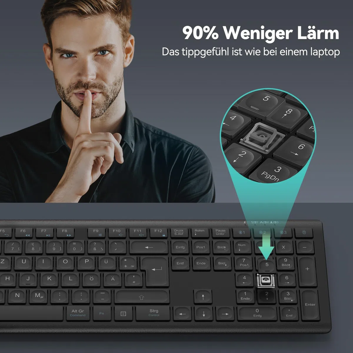 TECKNET Bluetooth Tastatur Kabellose, Wiederaufladbare Multi-Device Flach Keyboard mit Einfacher bis zu 4 Geräte, Ultraflache, Deutsches Layout (QWERTZ), für Mac, Windows, iOS, Chrome OS Schwarz