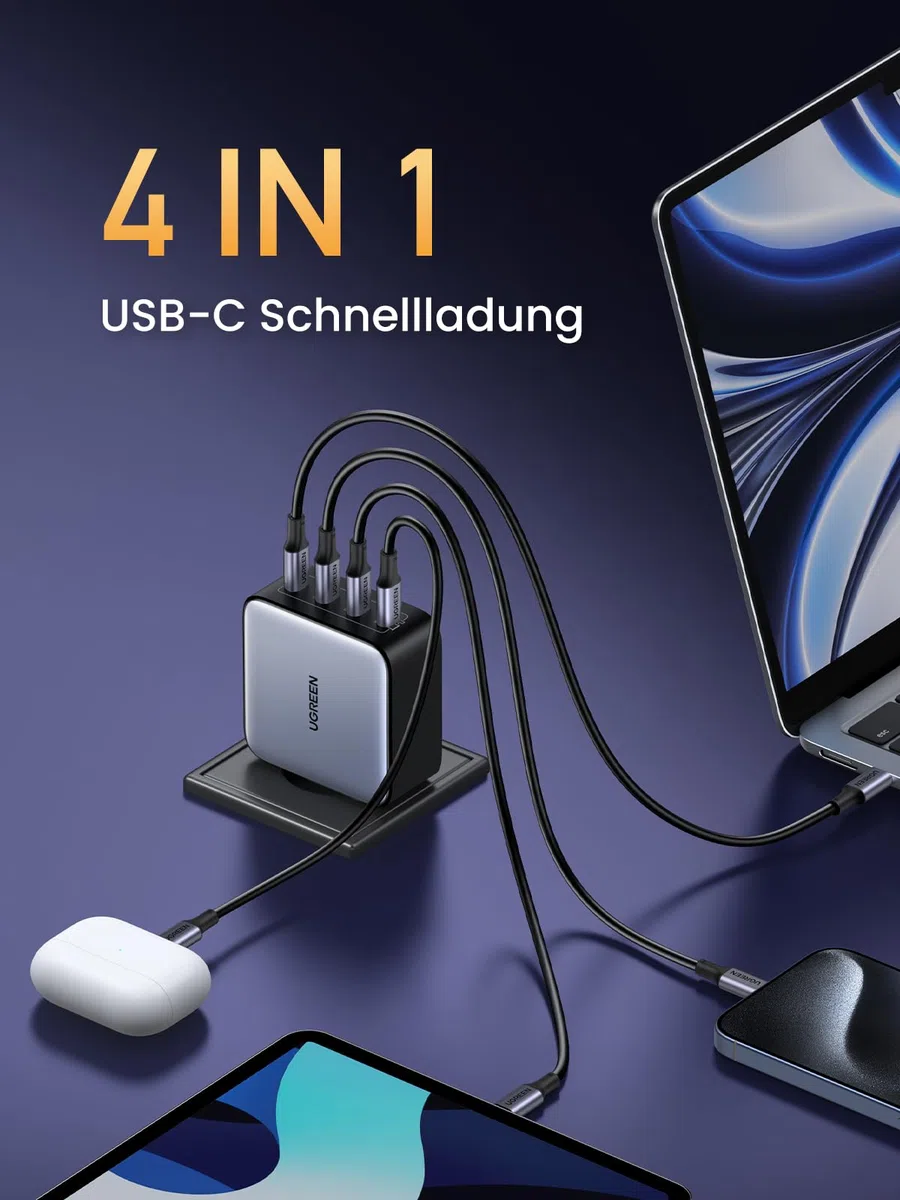 UGREEN Nexode 100W USB C Ladegerät mit 4X USB-C Ports GaN Netzteil Mehrfach PD Charger unterstützt PPS 45W kompatibel mit MacBook, HP Laptop, iPad Air, iPhone 17, Galaxy S24