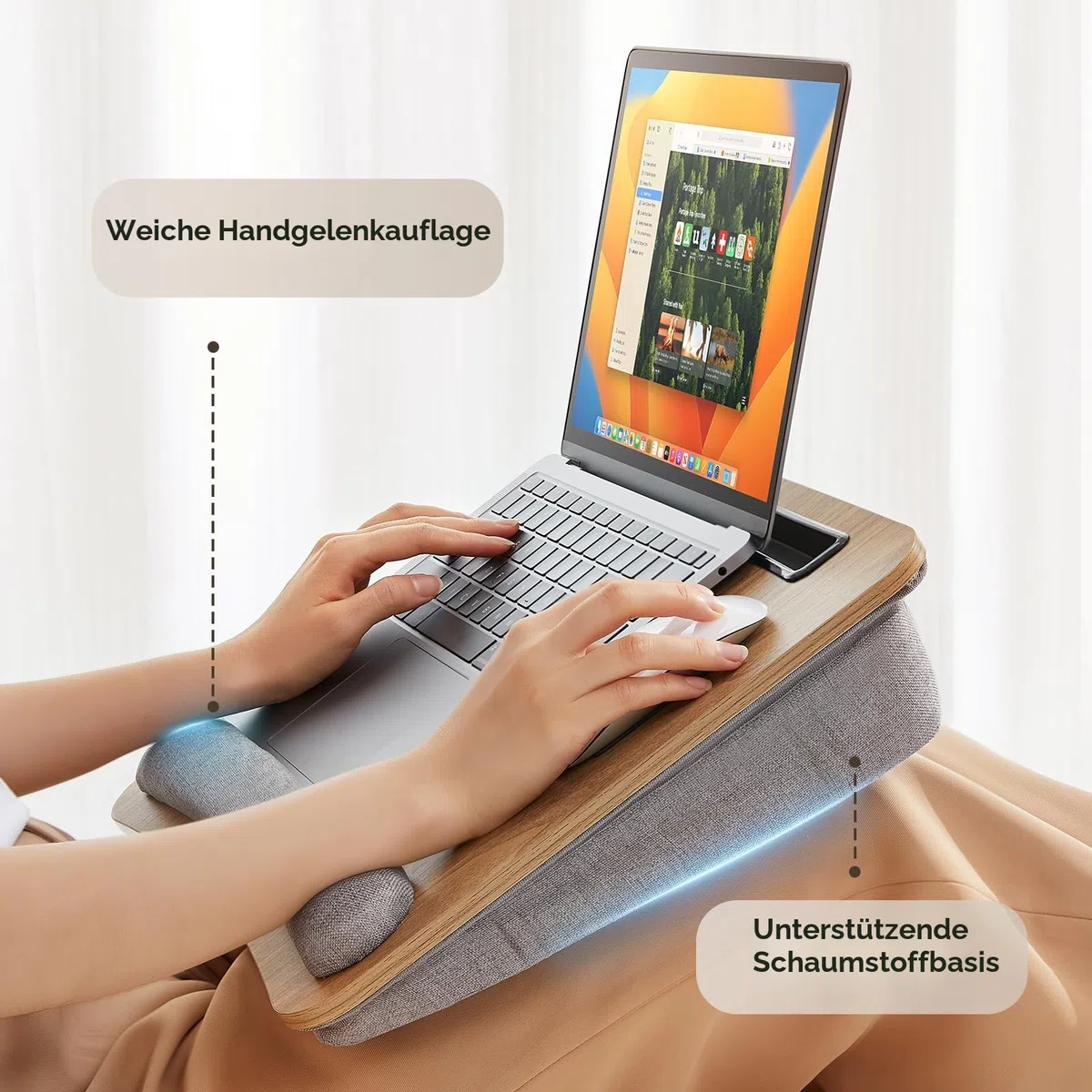 HUANUO Laptop Ständer Bett passend zu 15,6 Zoll Laptop, Laptopkissen mit Anti-Rutsch-Streifen und Aufbewahrungsfunktion für Home Office oder Lernen, als Computer-Laptop-Ständer auf der Couch