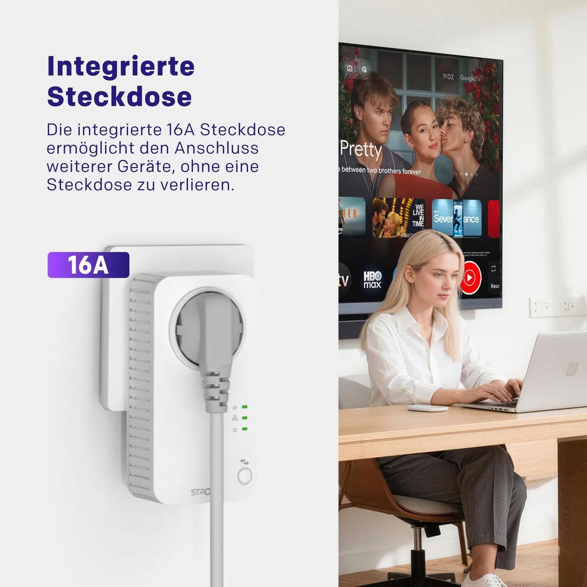 STRONG AV600 Mbit/s Powerline Adapter Setmit Steckdose, HomePlug AV2 Powerline Internet Verstärker, Plug & Play, EIN-Knopf-Sicherheit, Energiesparmodus, 100 Mbit/s LAN Ports, ideal für TV, PC