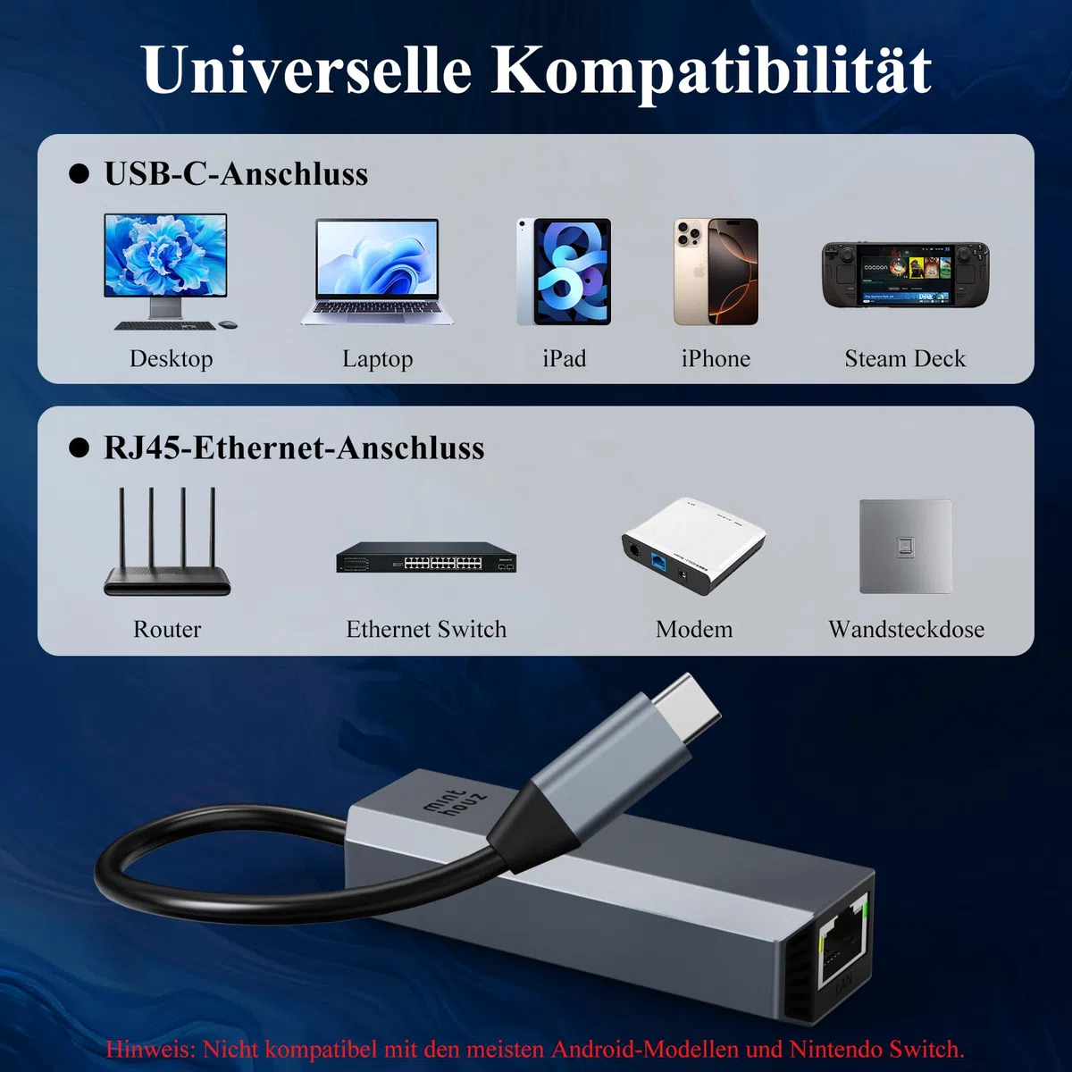 Minthouz USB LAN Adapter,5G Ethernet Adapter,Aluminium RJ45 USB C auf Netzwerkadapter für Dell/HP/Mac,Thunderbolt 4/3 LAN Ethernet Stecker mit 10G Spec für NAS Windows, MAC, Linux
