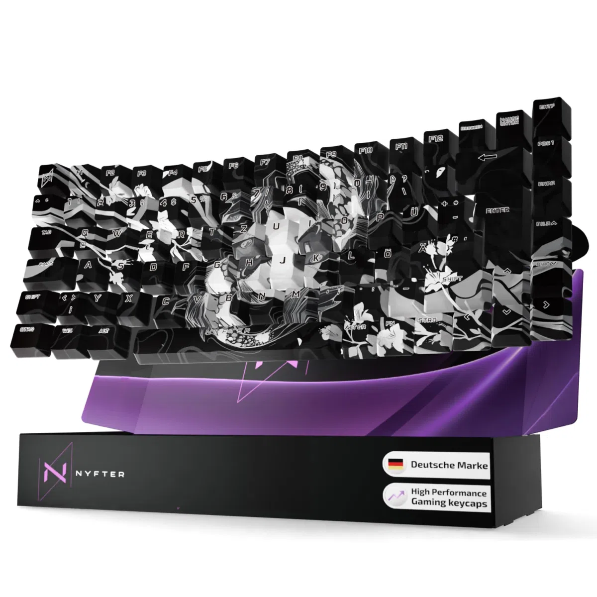 Nyfter - Premium Koi Blossom Keycaps ISO 60% und 75% Custom Keycaps ISO Layout für Mechanische Tastaturen (Black, 75%)