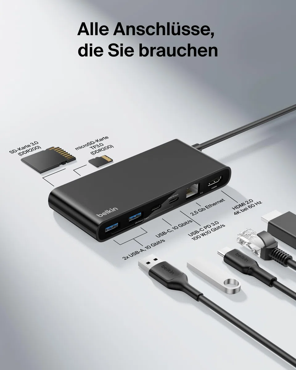 Belkin Connect 8-in-1 USB C Hub, Bildschirmauflösungen bis zu 4K bei 60 Hz – geeignet für Mac-, Windows- und Chromebook-Laptops; 100 W PD; Datentransfer mit 10 Gbit/s; 2,5-Gbit/s Ethernet – Schwarz