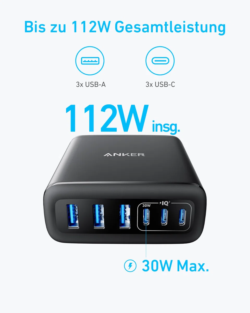 Anker 112W USB C Ladegerät, 6 Port Ladestation mit 112W Ausgang Leistung, Für iPhone 17/16/15 Series, MacBook Air, Pixel, Galaxy, iPad, und mehr (Ohne Ladekabel)