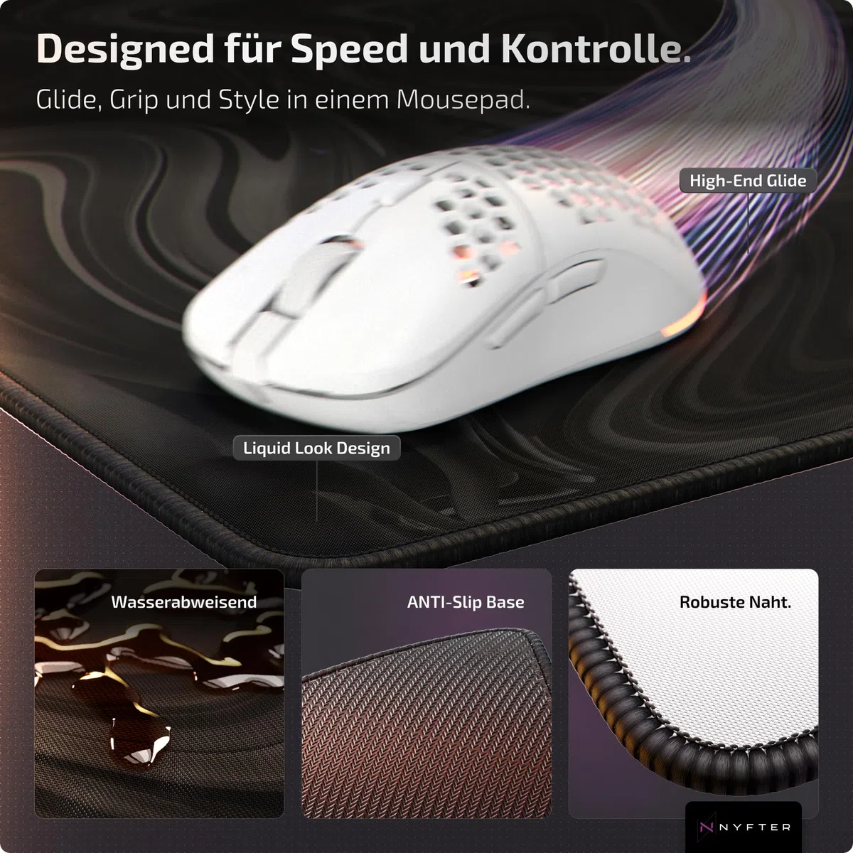 Nyfter - XXL Gaming Mauspad Liquid Design 900 x 500mm Premium Mousepad Size XXL vernähte Kanten langlebig mit high-end Glide und Anti-Rutsch