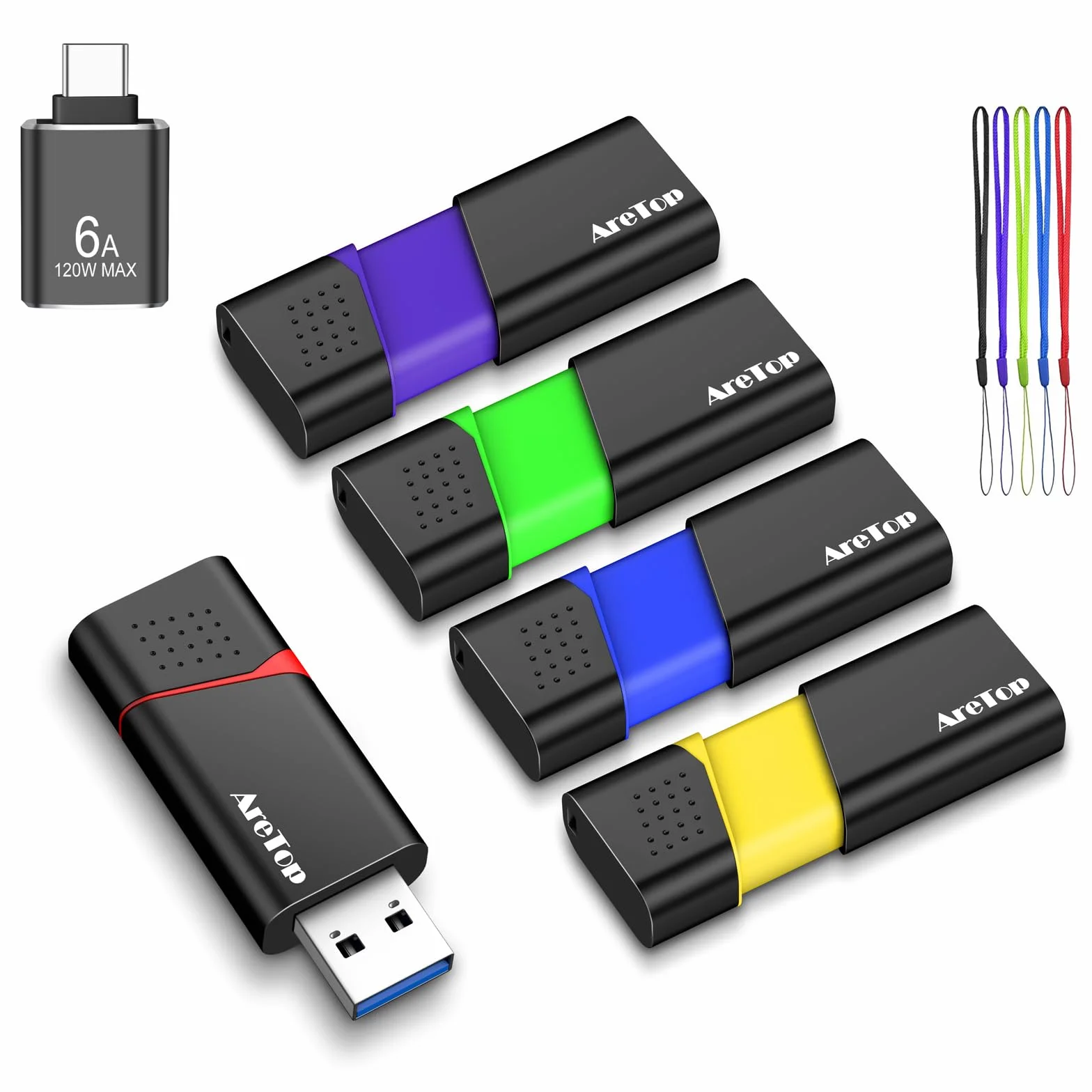 AreTop USB Stick 3.0 32GB 5 Stück Speichersticks Flash Drive High Speed, Lesegeschwindigkeit von bis zu 100 MB/s, mit 1 Stück USB-C Adapter, kompatibel mit PC, Laptop, Auto und Spielkonsole