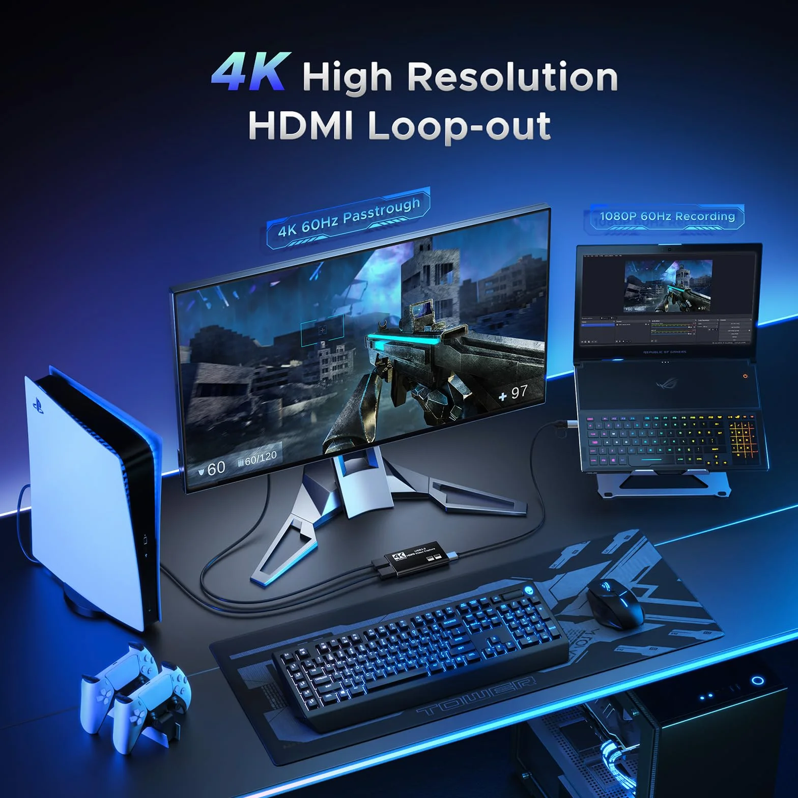 XIIXMASK Video Capture Karte, USB 3.0 Capture Card HDMI Loop-Out, 1080P 60FPS Videospiel-Capture für Arbeiten für PS5/Kamera/PC