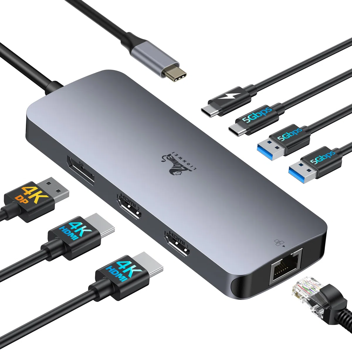 USB C Docking Station Dual Monitor 8 in 1 Laptop Docking Station 2 Monitore USB C Hub mit 4K Dual HDMI, DisplayPort, 1Gbps Ethernet, 100W PD, 3 USB A/C 3.0 Adapter Kompatibel mit Dell, HP