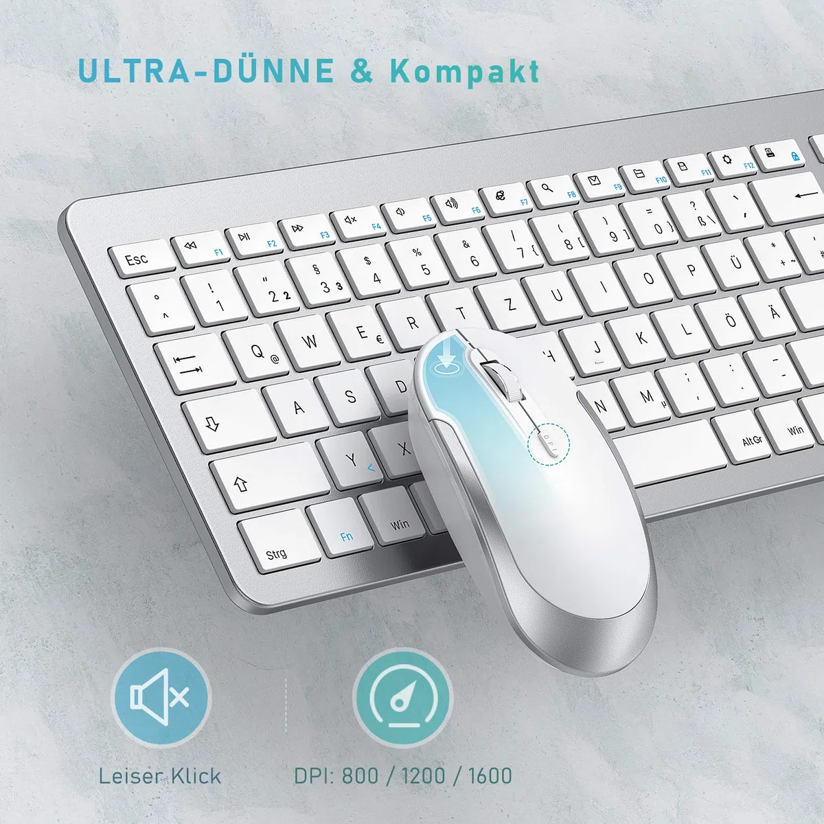 Tastatur Maus Set Kabellos, seenda SK38-3 Ultra-Dünne Wiederaufladbare Funktastatur, Ergonomische Keyboard Mouse mit Silikon Staubschutz für PC/Laptop/Smart TV, QWERTZ Layout (Weiß und Silber)