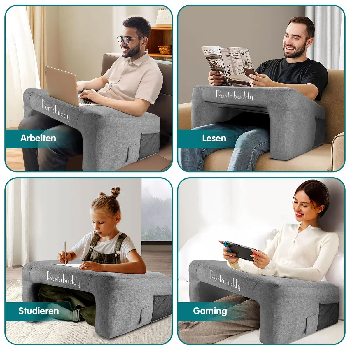 Aufblasbarer Gaming-Tisch für Bett und Sofa, ergonomisches Kissen-Desk mit geneigter Fläche, tragbarer Luft-Tisch mit Seitentasche, 300D Oxford-Gewebe für Laptop, Handy und Lesen