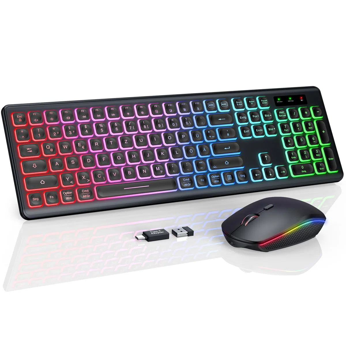 Kabellose Tastatur und Maus Set, Regenbogen-Hintergrundbeleuchtung, USB-C wiederaufladbar, leises Full-Size Design mit klappbaren Neigungsfüßen, 2,4 GHz für Windows, Mac, PC, Laptop, SABLUTE KL1