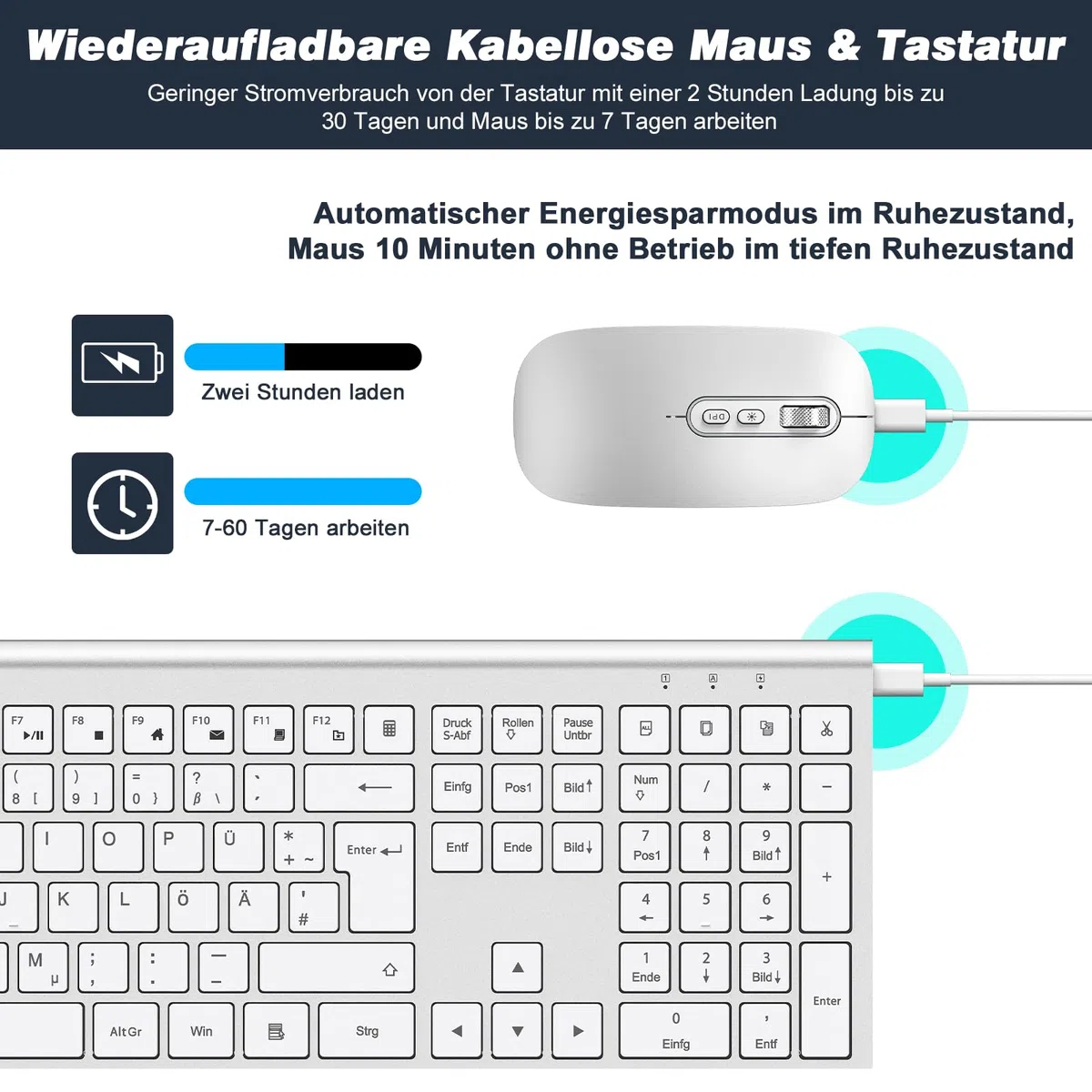 cimetech Tastatur Maus Set Kabellos, Ultra-Dünne Wiederaufladbare Kabellose Tastatur und Maus Ergonomisch Funktastatur QWERTZ Layout, Ultra SlimThin für Computer/Desktop/PC/Laptop/Windows (Silber)