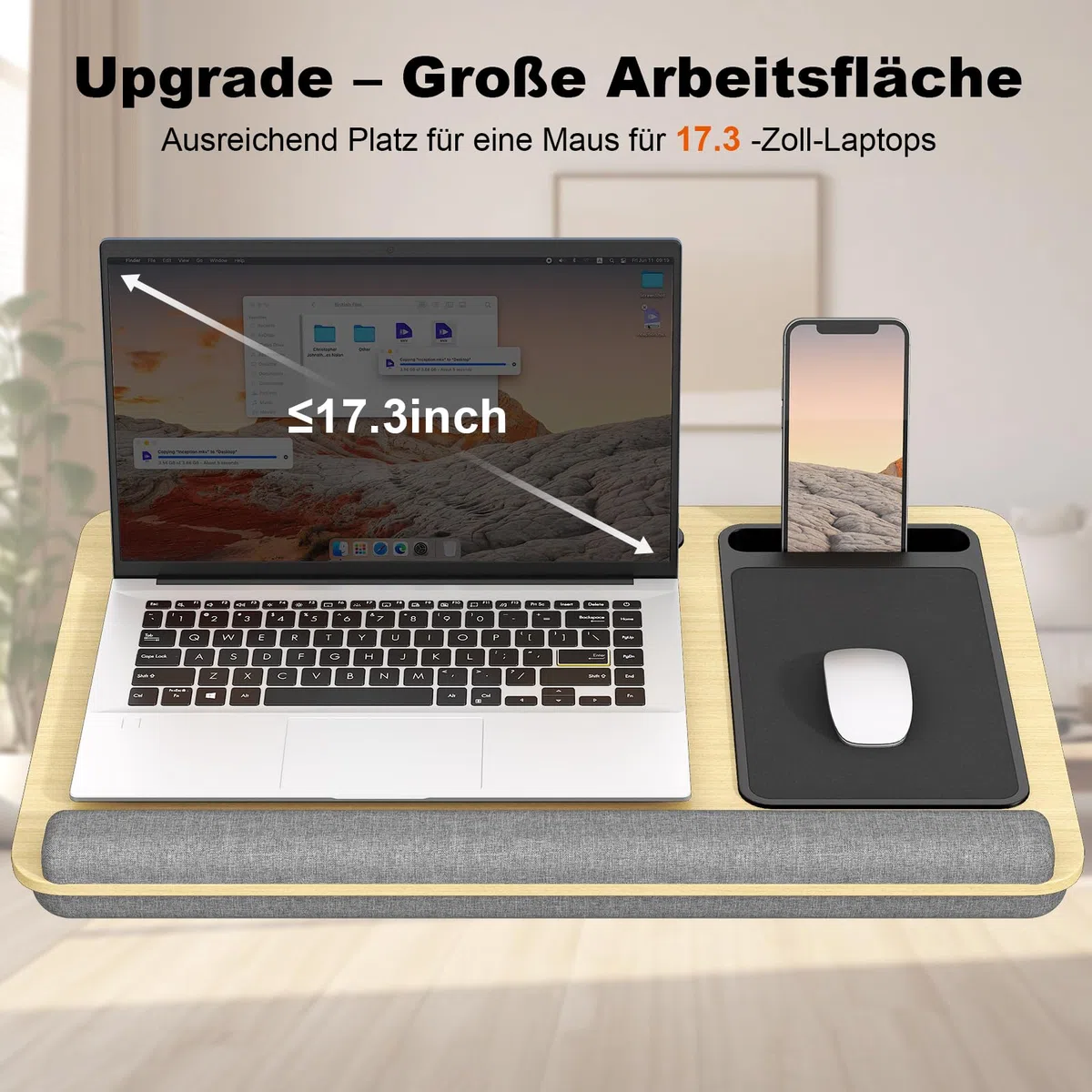 Laptopkissen für Bett mit Kissen, PUTORSEN Laptop Kissen Mausunterlage Passen bis zu 17,3 Zoll Notebook, Höhenverstellbar Lapdesk mit Tablet und Telefon Rille für Lernen, Gelb