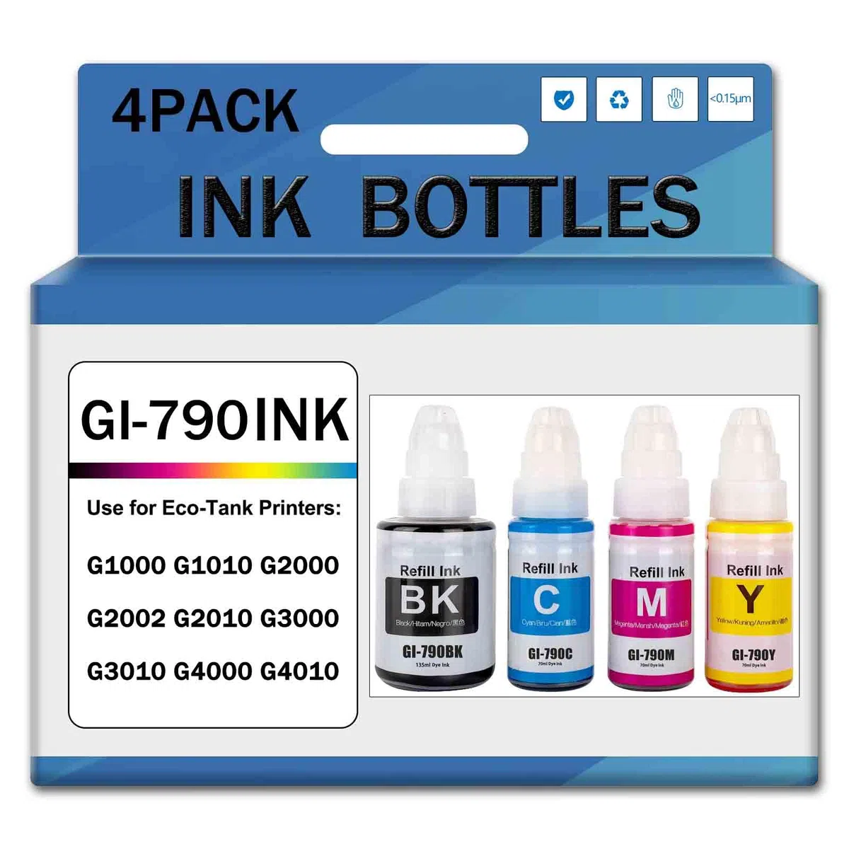 GI-790 GI790 Nachfülltintenflaschen Ersatz für Canon PIXMA G1000 G1010 G2000 G2002 G2010 G3000 G3010 G4000 G4010 Drucker, hohe Reichweite Schwarze Tinte 135 ml, Farbtinte 70 ml,4 Color-1 Set