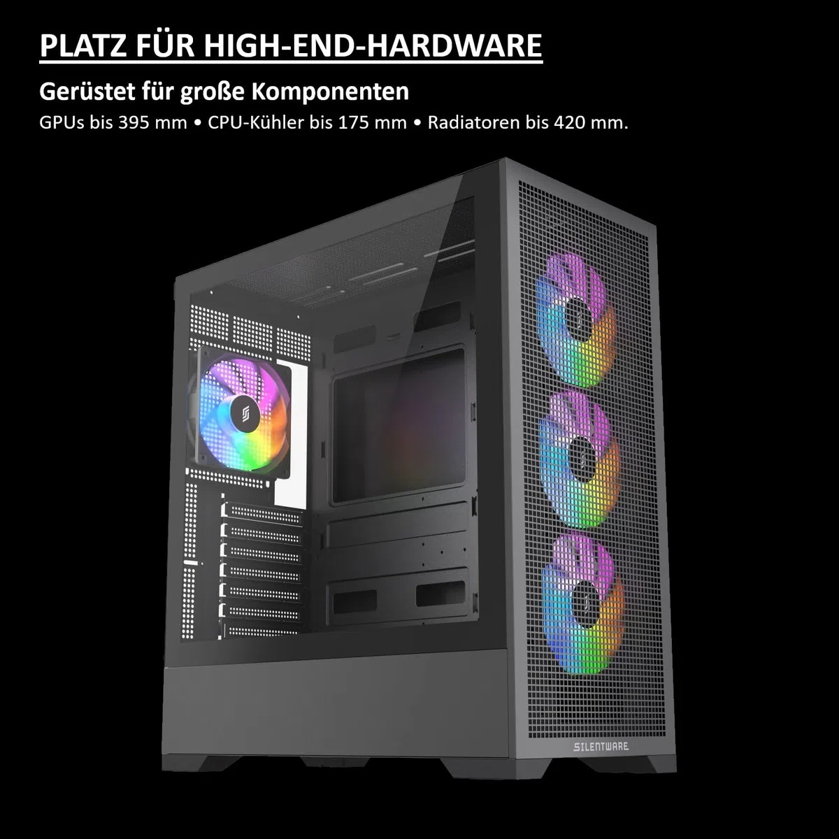 Core 100 A-RGB Black Midi Tower PC-Gehäuse, Gehärtetes Glas-Seitenfenster, 4X 120mm PWM RGB Lüfter, Mesh-Front, Maximaler Airflow, ATX/mATX/ITX, 360 mm Radiatoren, USB 3.0