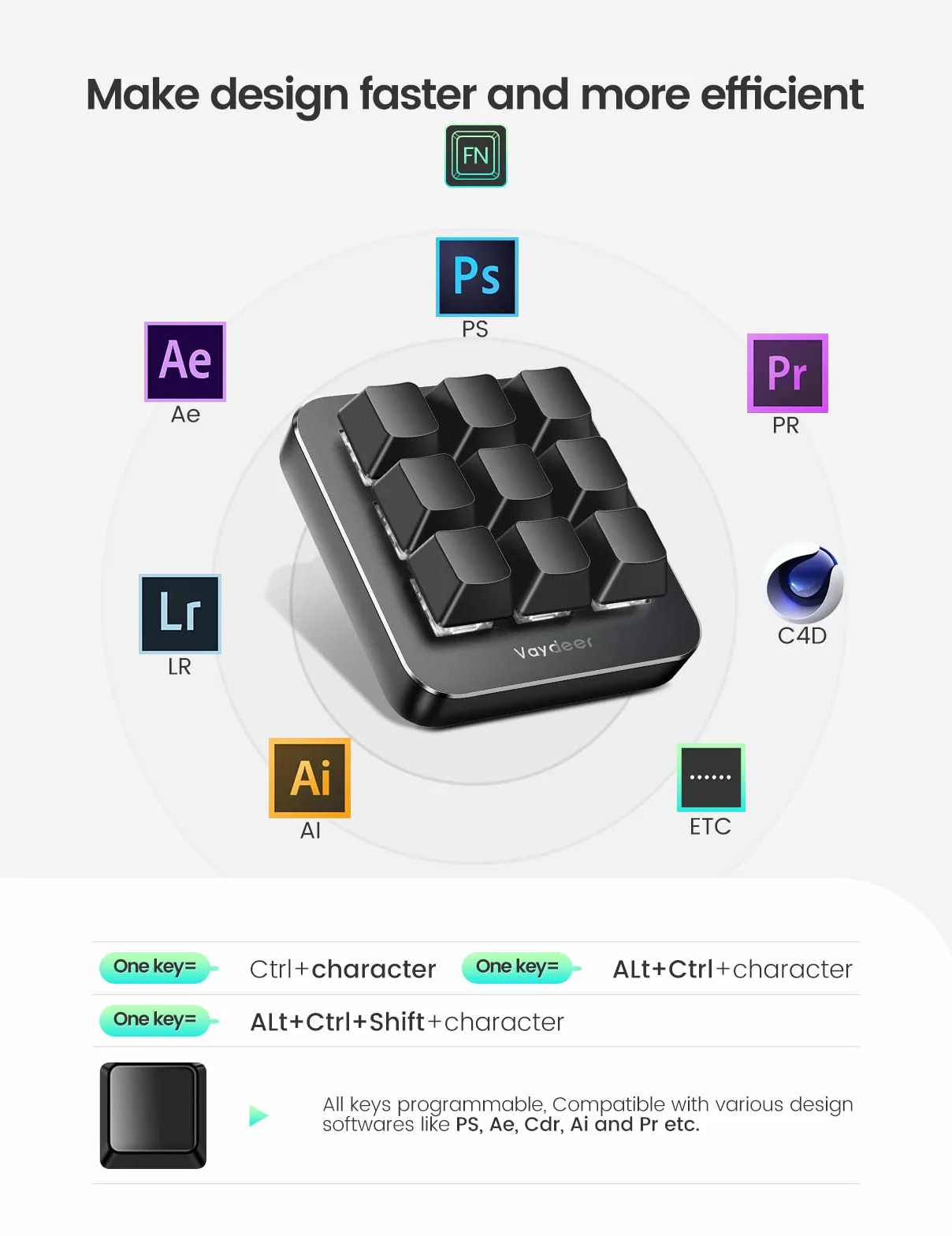 VAYDEER Makro-Tastatur - Einhändige, programmierbare, mechanische Mini-Tastatur mit 9 programmierbaren Tasten & Mehreren programmierbaren Schichten. Kompatibel mit Mac OS, Windows & Vista.