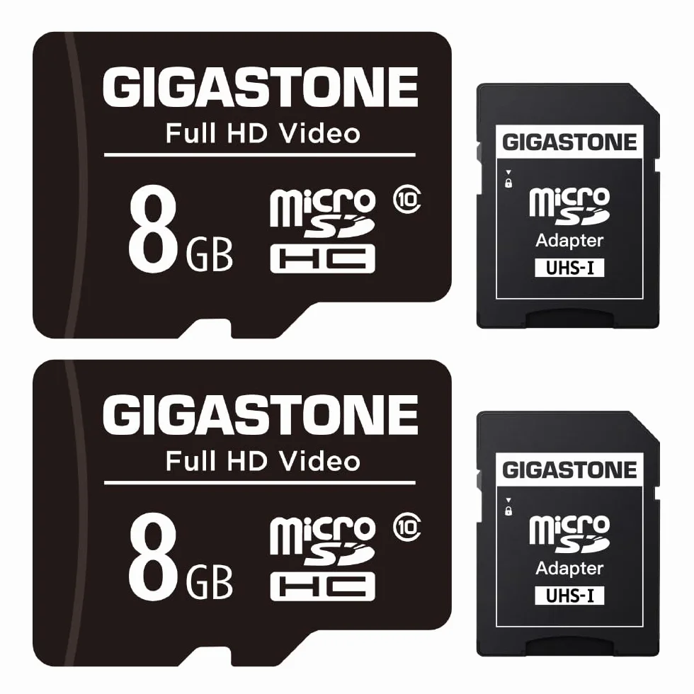 GIGASTONE 8GB MicroSDHC Speicherkarte 2er-Pack + SD Adapter, für Action-Kamera, GoPro, Drohne und Tablet, bis zu 85 MB/s, Full HD-Videoaufnahme, Micro SD Karte UHS-I Klasse 10 U1