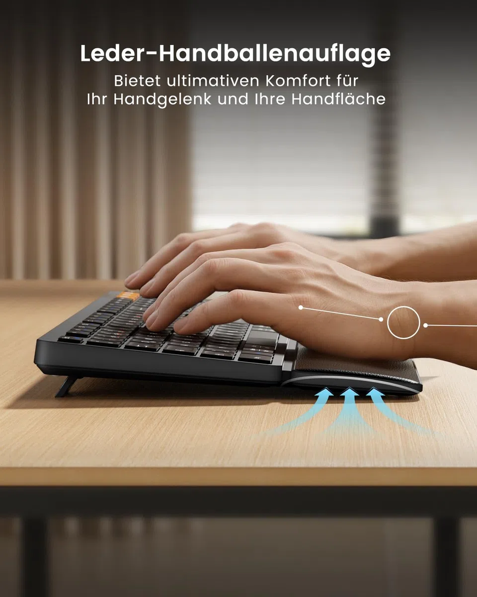 ProtoArc Kabellos Bluetooth Tastatur Maus Set, KM60 Full-Size Tastatur und Maus mit Handballenauflage, Wiederaufladbar, 2.4GHz + Dual Bluetooth, QWERTZ Deutsch, für PC, Computer, Mac, Windows, Schwarz