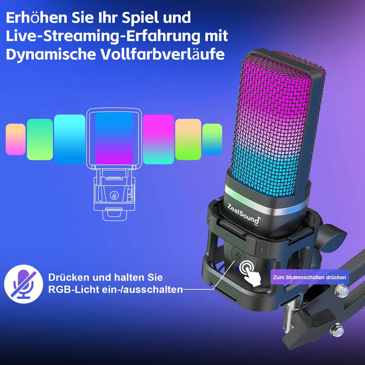 zealsound USB Gaming Mikrofon mit Boom Arm & Tischstativ (2 Ständer), Plug und Play Podcast Mikrofon für PC & Handy, mit Tap-to-Mute, Gain-Regler, Monitoring, für Streaming, Discord, Zoom
