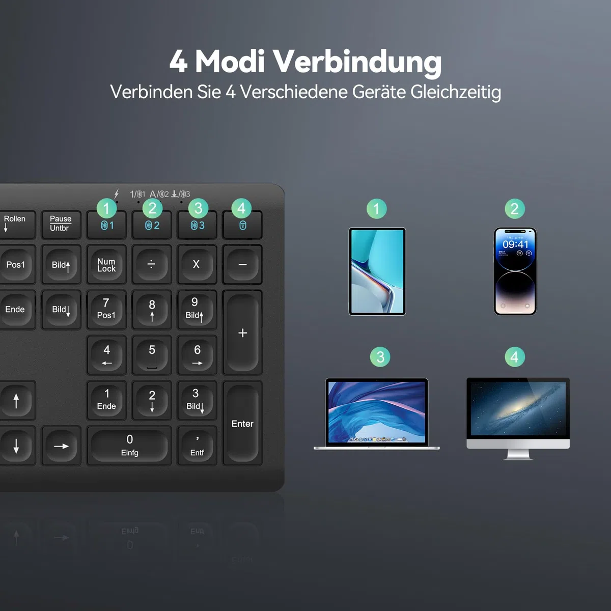 TECKNET Bluetooth Tastatur Kabellose, Wiederaufladbare Multi-Device Flach Keyboard mit Einfacher bis zu 4 Geräte, Ultraflache, Deutsches Layout (QWERTZ), für Mac, Windows, iOS, Chrome OS Schwarz