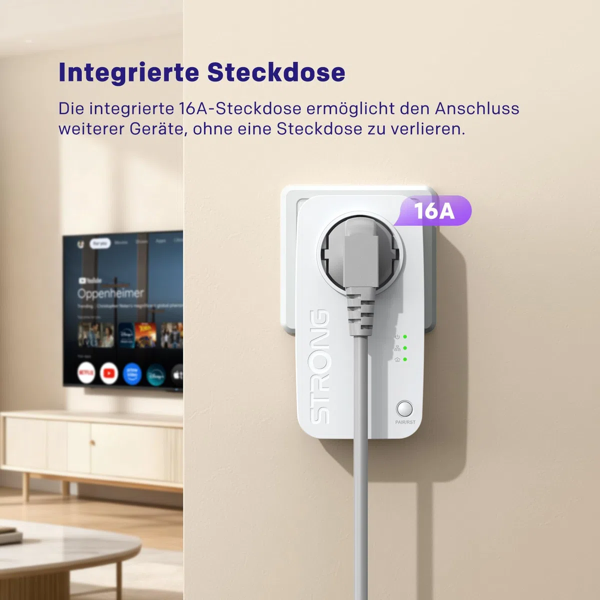 STRONG AV600 Mbit/s Powerline Adapter Setmit Steckdose, HomePlug AV2 Powerline Internet Verstärker, Plug & Play, EIN Knopf Sicherheit, Energiesparmodus, 100 Mbit/s LAN Ports, ideal für TV, PC