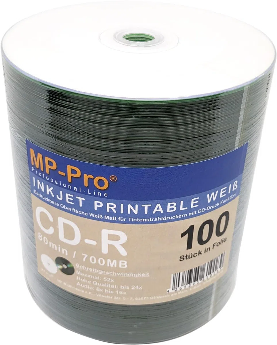 CD-R Rohlinge 80min/700MB mit bedruckbarer Oberfläche weiß für Tintenstrahldrucker - 100 Stück in Folie + 100er Pack CD Fensterpapierhüllen
