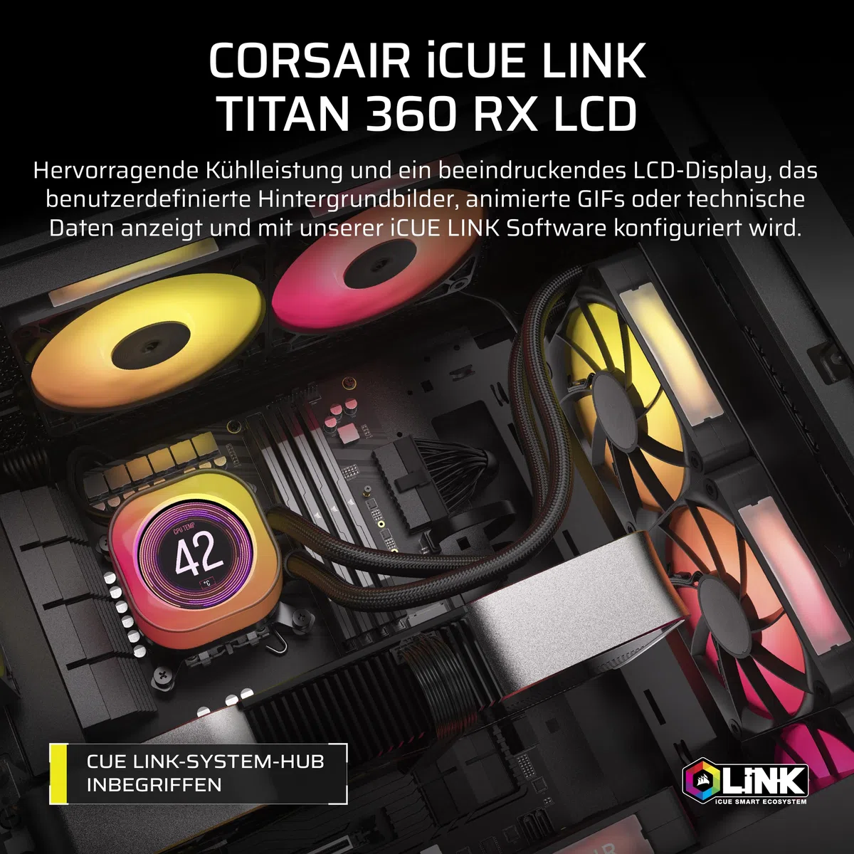 Corsair iCUE LINK Titan 360 RX LCD CPU-Flüssigkeitskühler – 360mm AIO – FlowDrive-Kühl-Engine – Intel LGA 1851/1700, AMD AM5/AM4 – 3X RX120 RGB-Lüfter – iCUE LINK-System-Hub Inbegriffen – Schwarz
