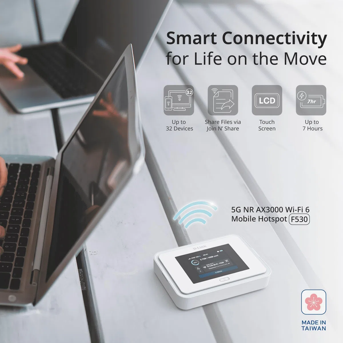 D-Link F530 5G NR AX3000 Wi-Fi 6 Mobiler Hotspot, Tragbarer 5G Router bis 7,01 Gbit/s, 2,4" Touchscreen, 32 Geräte, 5260 mAh Akku, USB-C PD, microSD, SIM-Slot, Reise WLAN Router