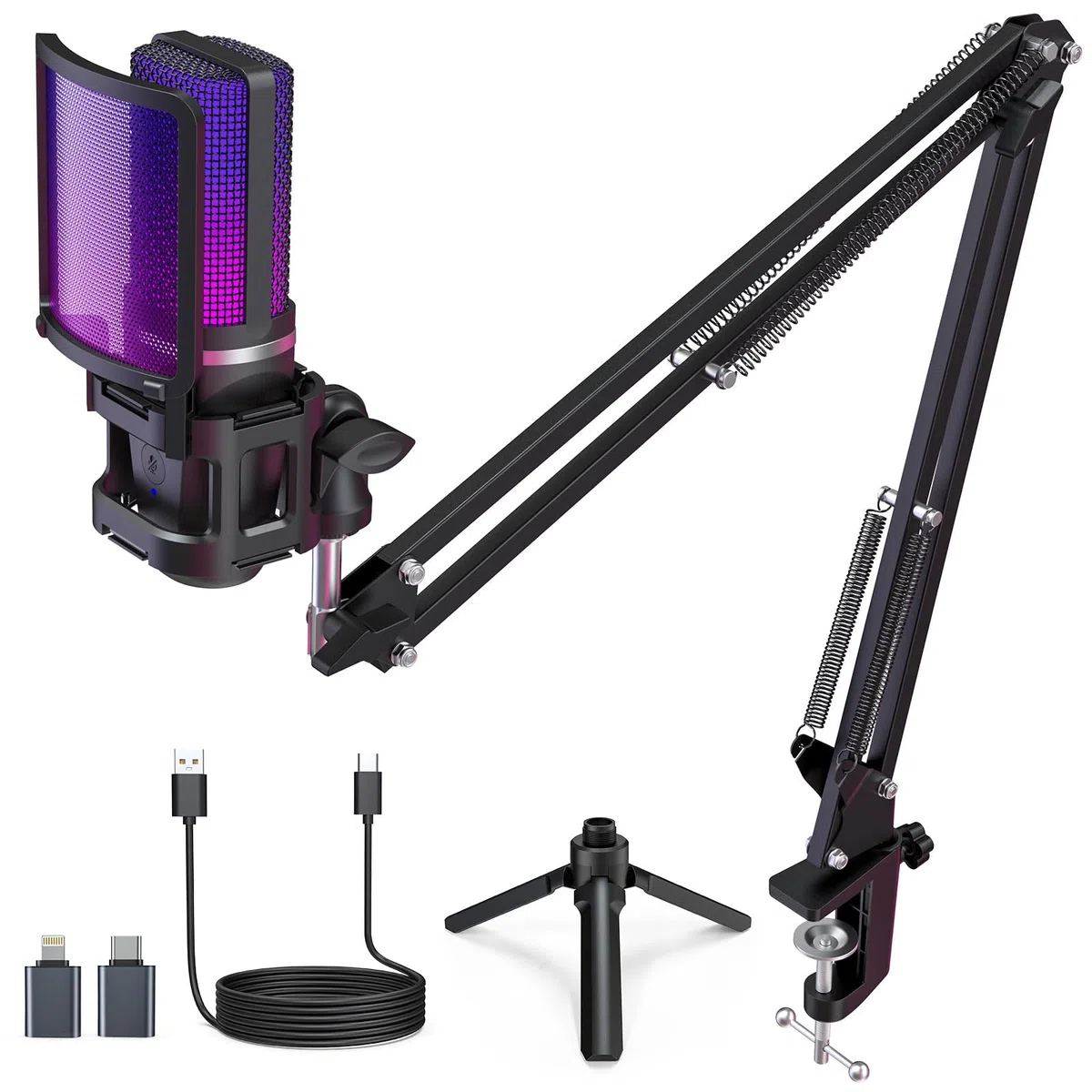 zealsound USB Gaming Mikrofon mit Boom Arm & Tischstativ (2 Ständer), Plug und Play Podcast Mikrofon für PC & Handy, mit Tap-to-Mute, Gain-Regler, Monitoring, für Streaming, Discord, Zoom