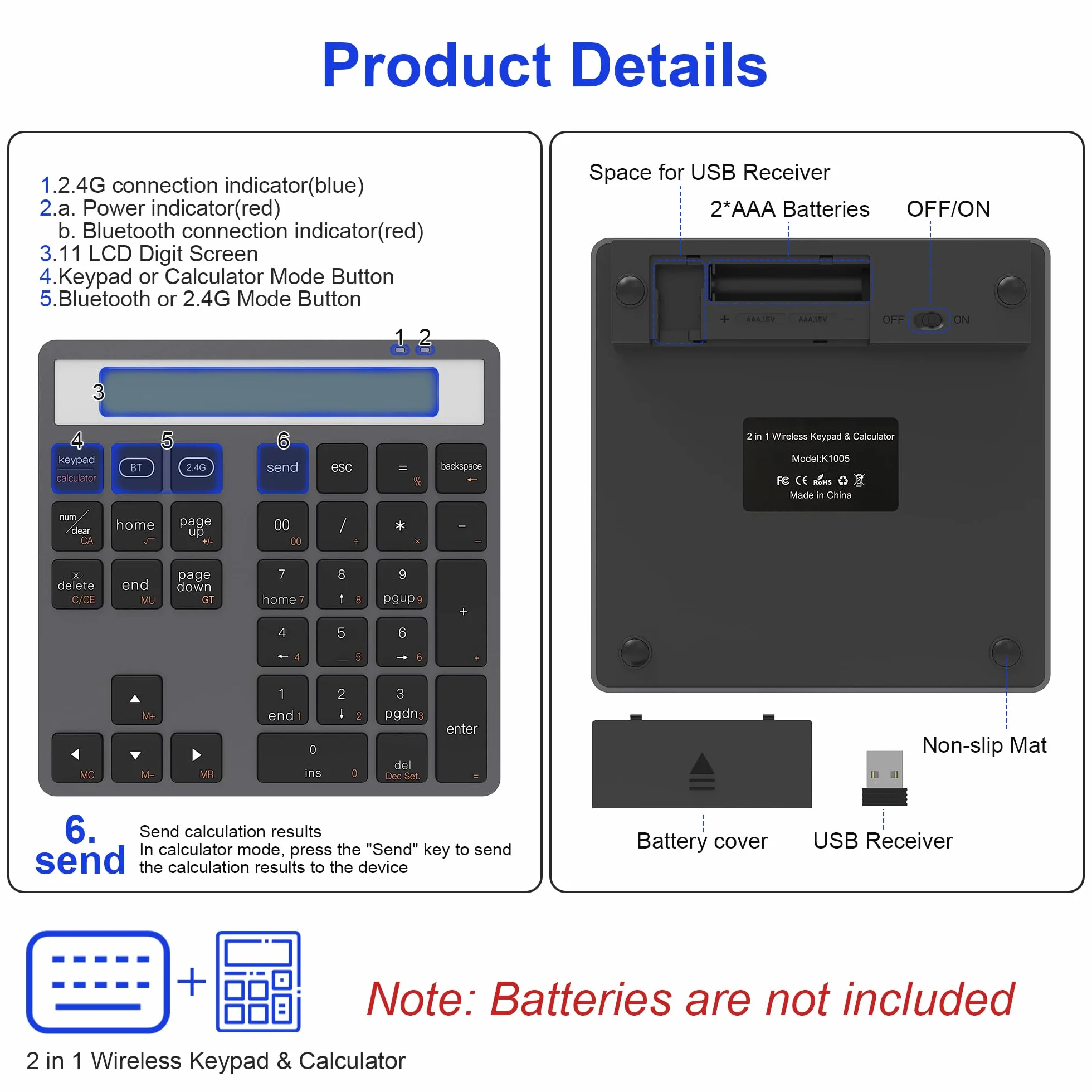 2-in-1 Ziffernblock mit Taschenrechner, 34 Leise Tasten Bluetooth 5.0&2.4G Numpad für Windows/Mac/iOS/Android, Nummernblöcke für Laptop/PC/iPhone/iPad Number Pad Ergonomisch für Excel Buchhaltung Büro