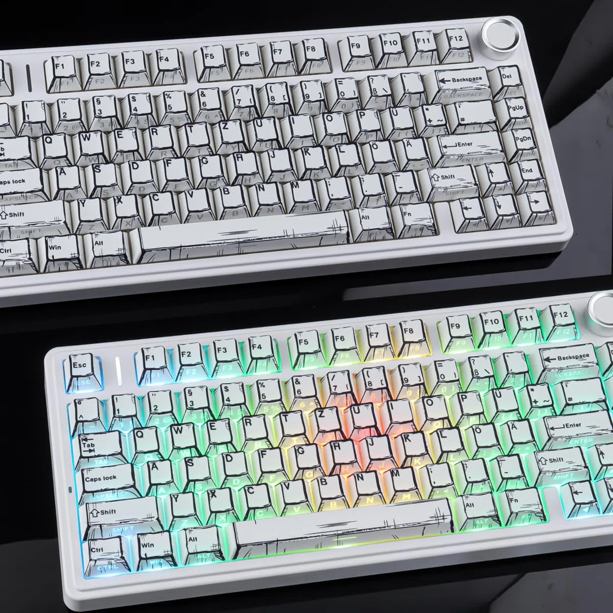 PBT German Keycaps, 133 Keys Manga White Keycap, Retro Style Side Printed Shine Through Dye Sub Keycap for Cherry MX Switch ISO QWERTZ Layout Mechanical Keyboards