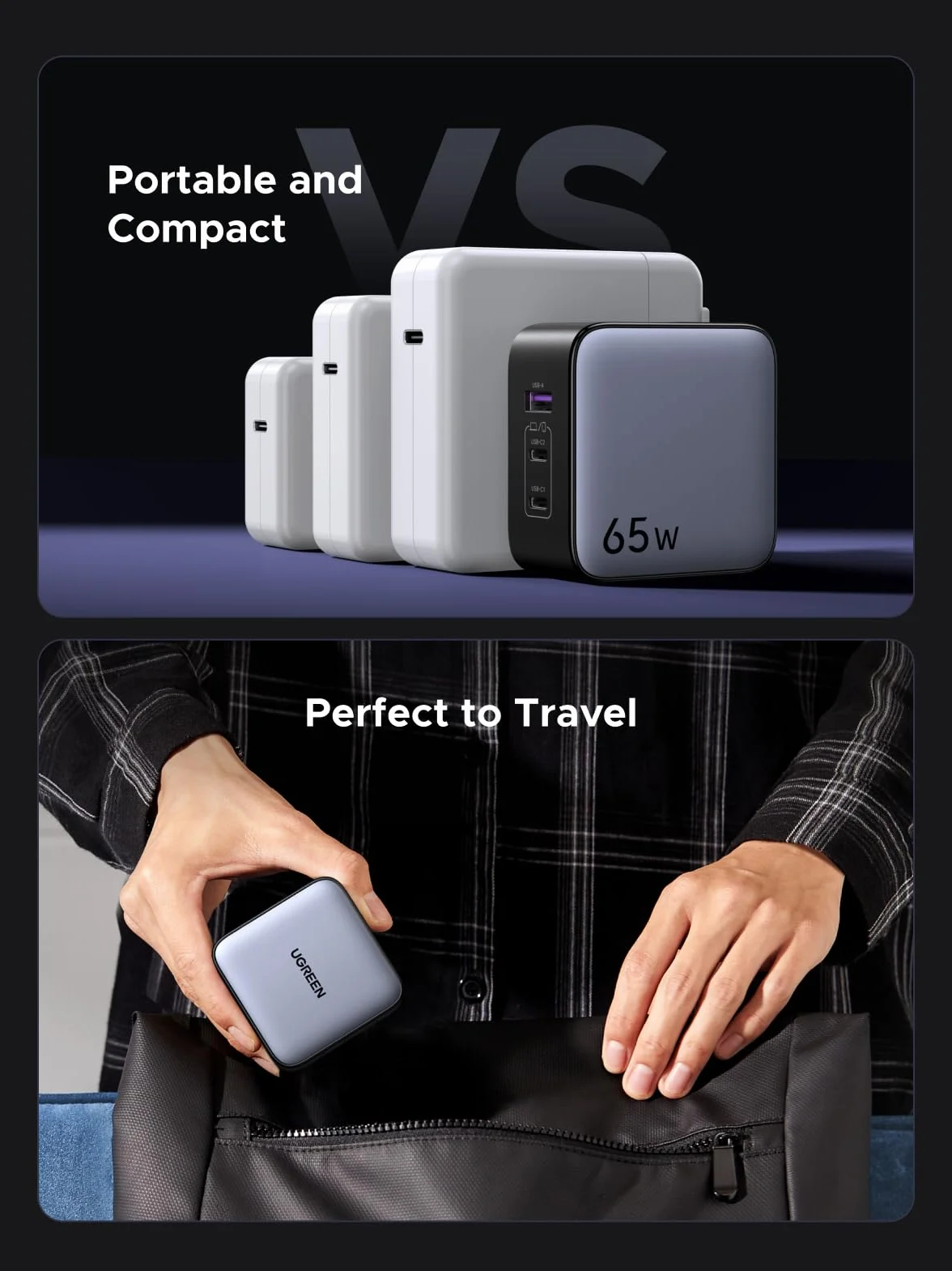 UGREEN Nexode 65W USB C Ladegerät GaN Netzteil 3-Port Travel Charger mit EU/US/UK Stecker Reiseladegerät Weltweit kompatibel mit MacBook, iPhone 17 Pro Max, 16, S25 Ultra, S24+, S23 usw