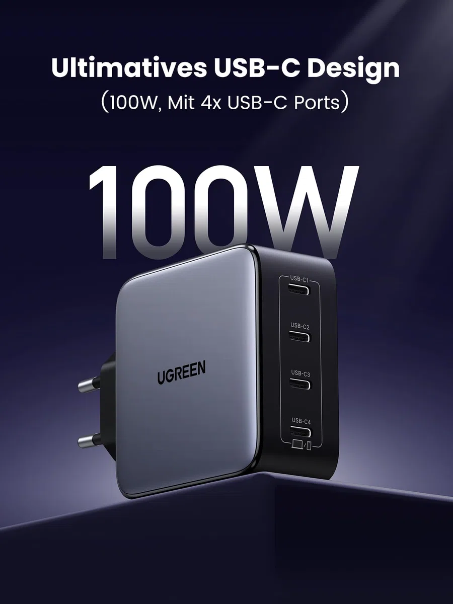 UGREEN Nexode 100W USB C Ladegerät mit 4X USB-C Ports GaN Netzteil Mehrfach PD Charger unterstützt PPS 45W kompatibel mit MacBook, HP Laptop, iPad Air, iPhone 17, Galaxy S24