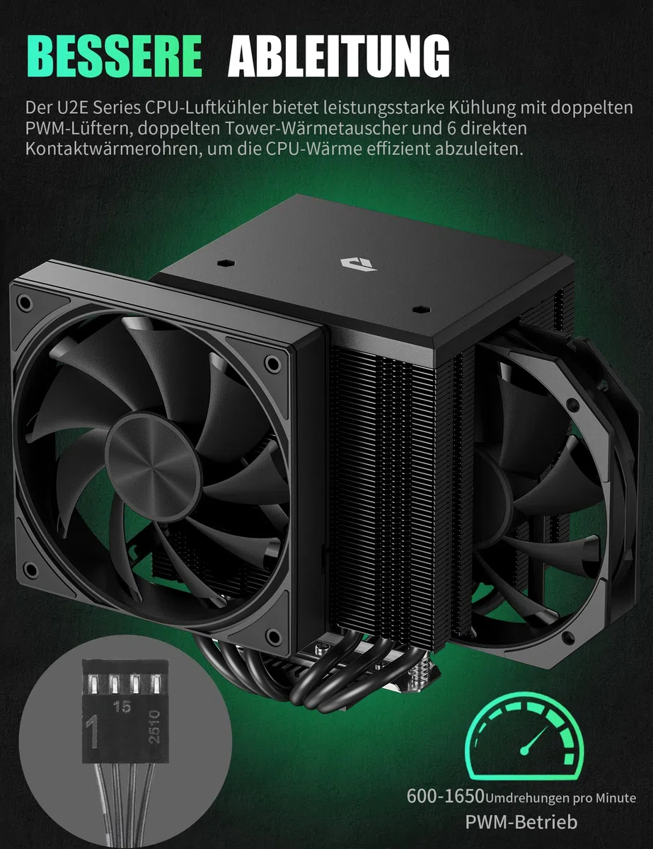 upHere gaming CPU Cooler,Dual Tower 6 Heat Pipes CPU Kühler,2 * 120MM PWM Lüfter,Ohne Entfernen des Lüfters zu Installieren den CPU Kühler,für AMD AM4 AM5/Intel 2011/2066 (X79/X99),PC Kühler,UE2K6.