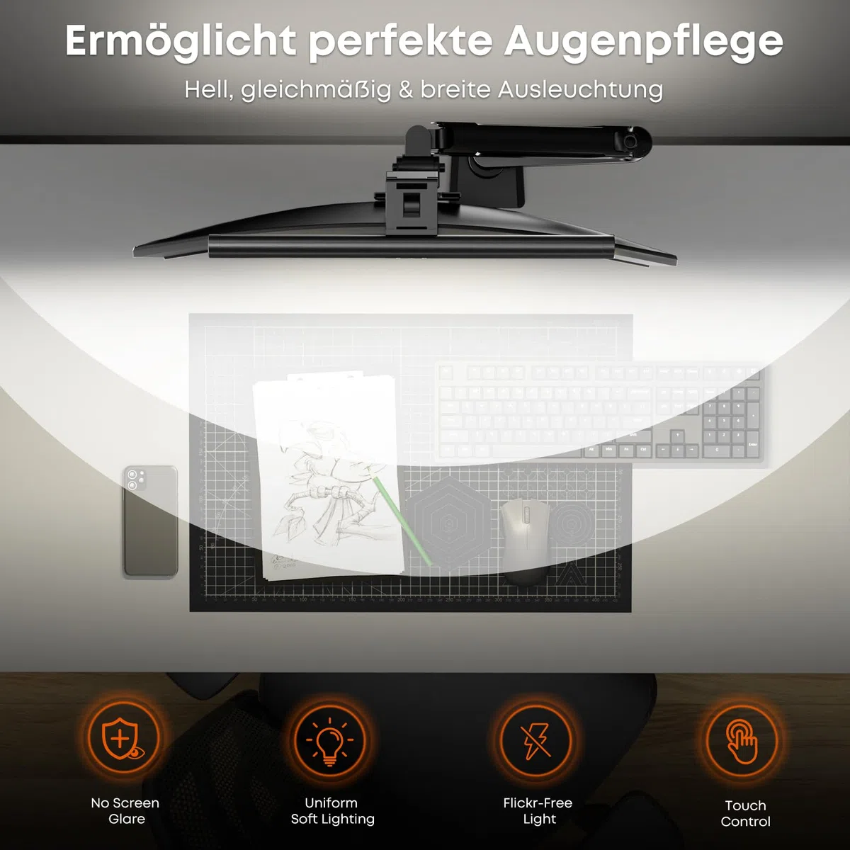 PUTORSEN Computer Monitor Lampe LED - 42cm Dual-Sided Monitor Lamp Bar mit Touch-Control, Dimmbar & Farbtemperatur-einstellbar für flache und gebogene Bildschirme USB Lampe