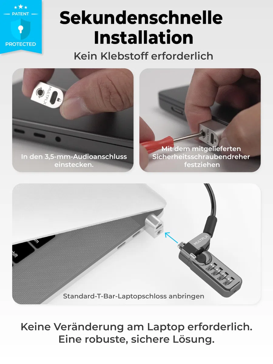 Laptop-Schlossadapter für Kensington-Schloss | Fügt jedem Laptop, einschließlich MacBook, einen Sicherheitsschlitz hinzu | Verwendung mit Standard-T-Bar-Kabelschlössern