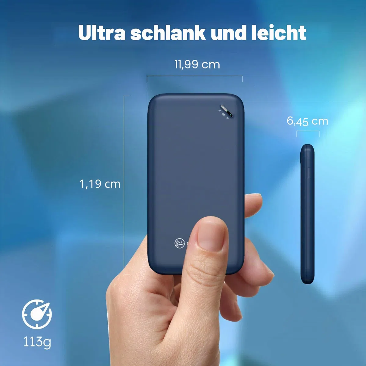 GlocalMe UPP 4G Mobiler WLAN Router, Keine SIM-Karte nötig, Keine Roaminggebühren, MiFi Geräte mit 1GB globalen Daten,Tragbarer WLAN-Router mit nur 113g (Blau)