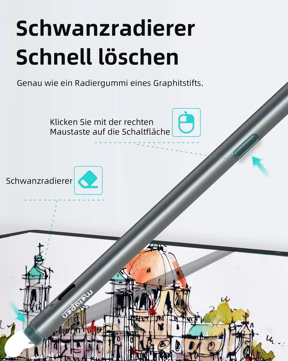 Metapen Stift M2 für Surface, 4096 Druckstufe, Tail-Radierer, Neigungserkennung, USB-C-Aufladung (100 Std. Akkulaufzeit), Kompatibel mit Surface Pro X/8/7/6/5/4/3, Surface 3/ Duo/2
