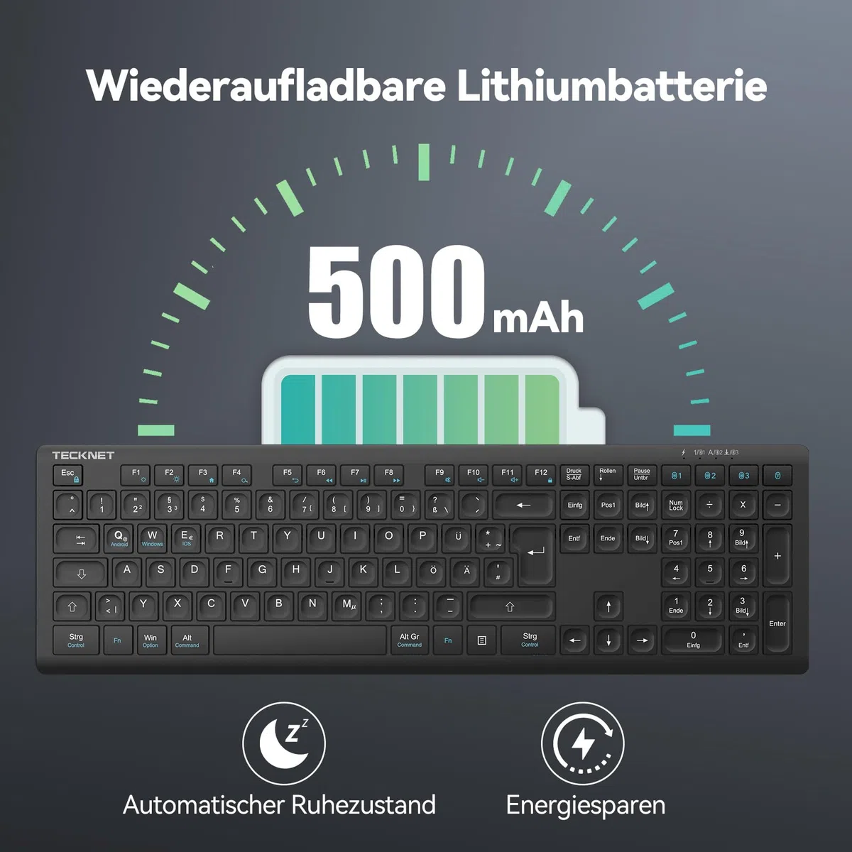 TECKNET Bluetooth Tastatur Kabellose, Wiederaufladbare Multi-Device Flach Keyboard mit Einfacher bis zu 4 Geräte, Ultraflache, Deutsches Layout (QWERTZ), für Mac, Windows, iOS, Chrome OS Schwarz