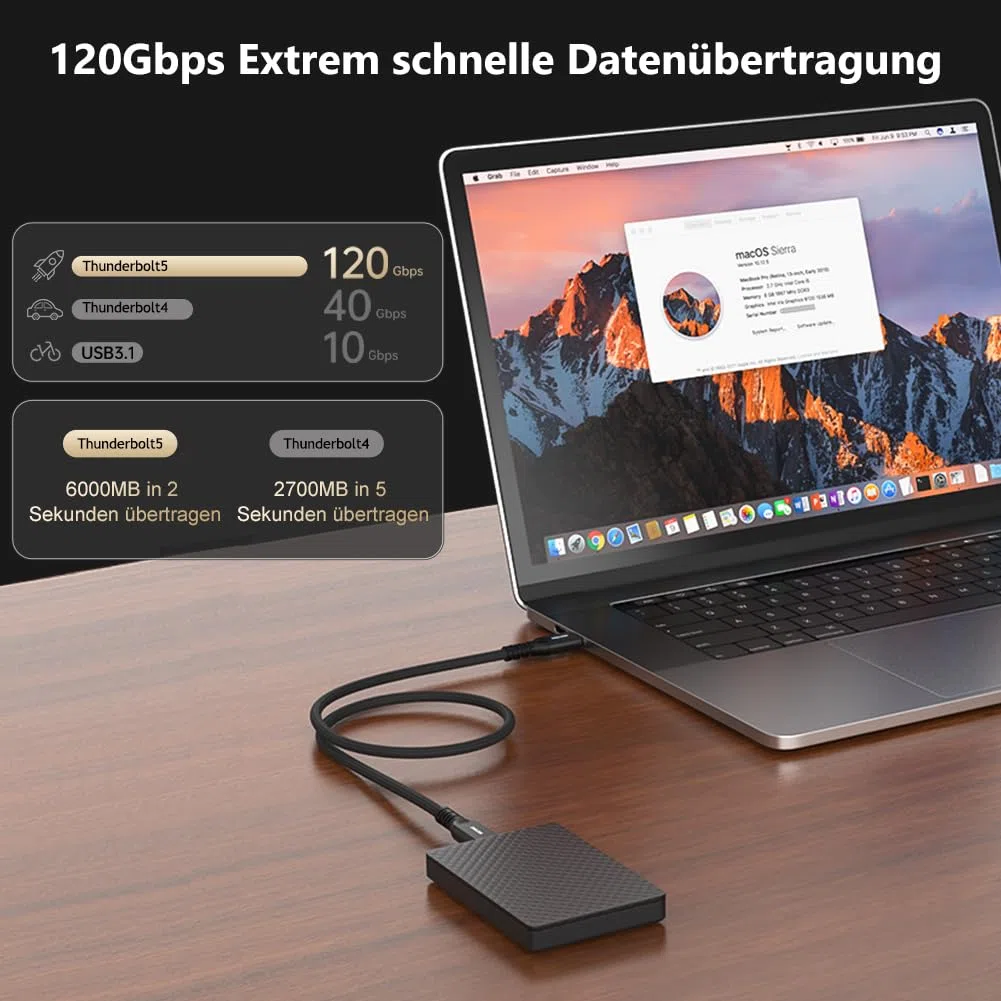 Alvin's Cables Thunderbolt 5 Kabel, 1.2m USB-C zu USB-C Kabel 120Gbps 240W PD Schnellladung 16K Display, Kompatibel mit Thunderbolt 4/3, USB4, für Macbook, eGPU, Dock, Intel Zertifiziert