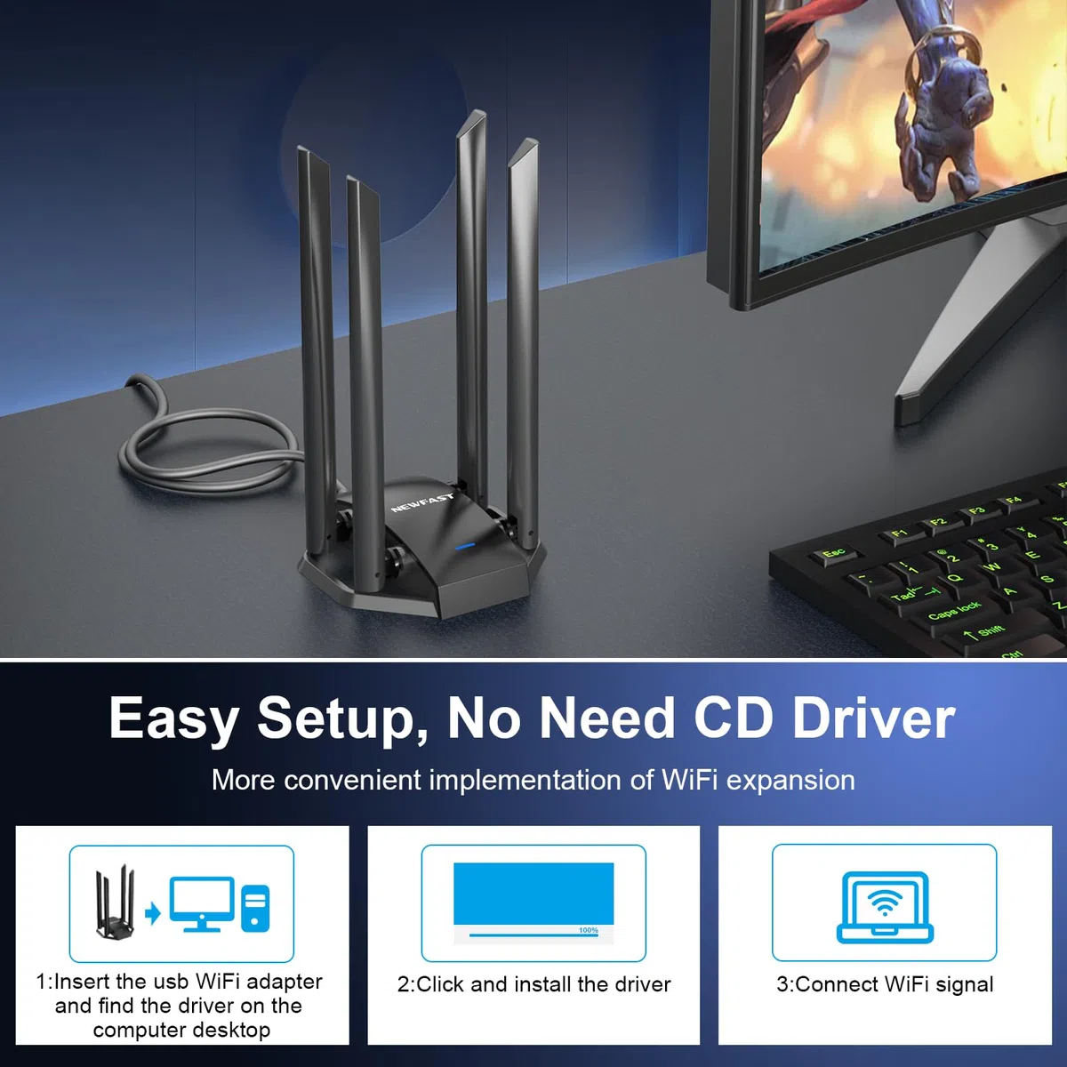 NEWFAST 1300 Mbit/s WLAN Stick für PC,Leistungsstarker WiFi Adapter mit 4x6dBi High Gain Antennas,WLAN Adapter Dual-Band (5GHz/2.4GHz),WPA3-Encryption,MU-MIMO,Only for Windows 11/10/8.1/8/7/XP