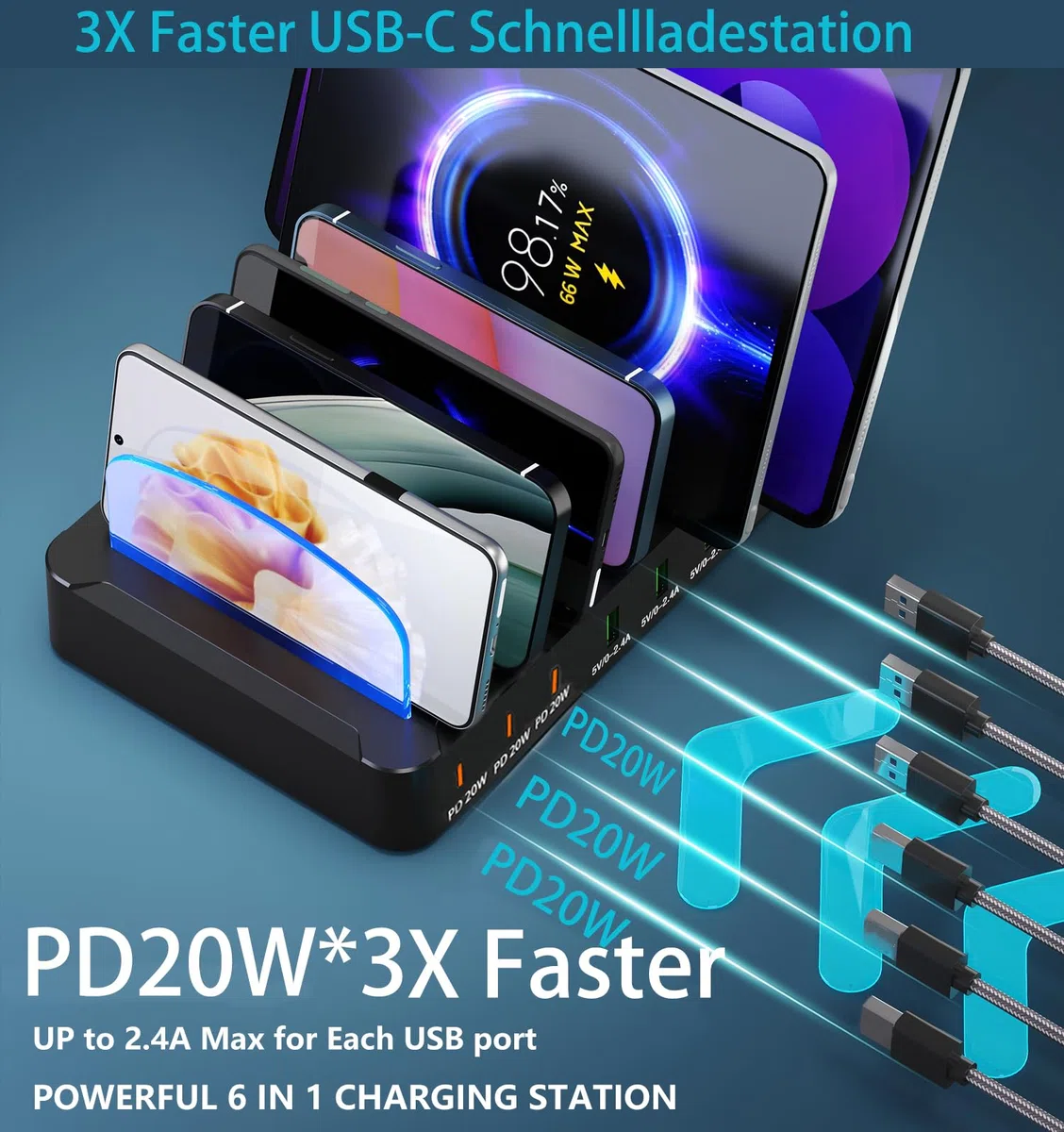 Ladestation USB C Multi Dock 6 Ports PD 96W Smart Schnellladedockstation 3X PD 20W USB C Ladeanschluss, kompatibel für Phones lPad lwatch Stand Tablet Mehrere Geräte (6 Kabel inklusive) (Schwarz)