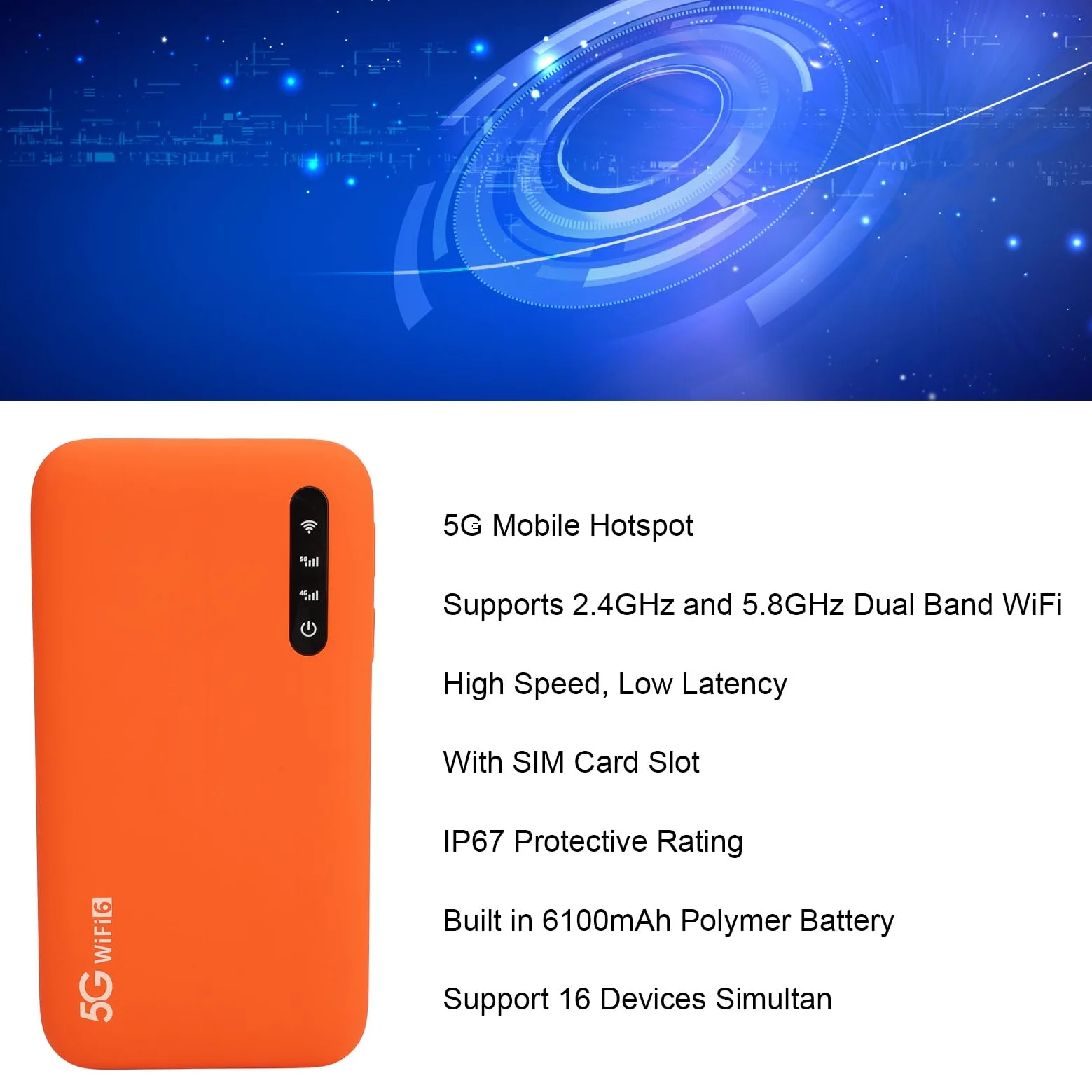 Tragbarer 5G-WLAN-Hotspot, 2,4 GHz 5,8 GHz WiFi 6, Mobiler Hotspot mit SIM-Kartensteckplatz, 16 Gemeinsame Geräte, 6100 MAh, Reise-WLAN-Gerät für Telefone, Laptops, Tablets