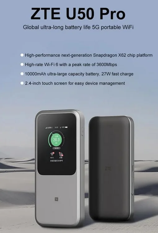 ZTE U50 Pro 5G Tragbarer WiFi 6 3600Mbps Hotspot-Router mit SIM-Kartensteckplatz 10000mAh 27W Schnellladung